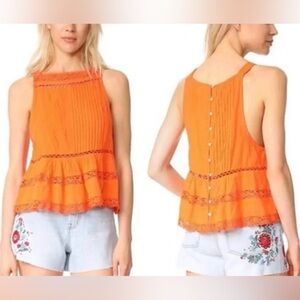 Free People Casual Crepe 100% Cotton Sleeveless‎ Lace Peplum Top Orange Med EUC